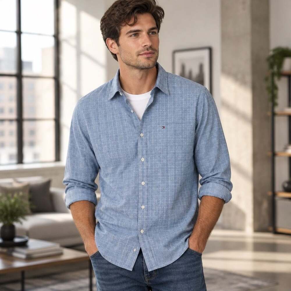 Tommy Hilfiger Men's Long-Sleeve Button-Down Plaid Shirt Blue